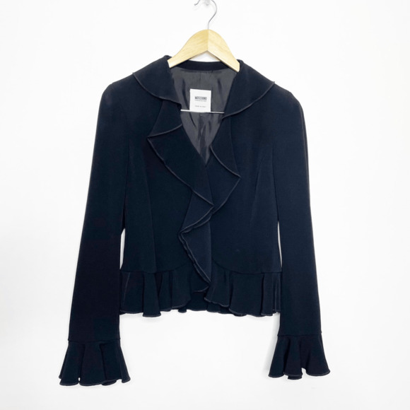 Vintage 00s Y2K MOSCHINO CHEAP AND CHIC Ruffle Blazer Black Italy WOMENS S M - Picture 2 of 10